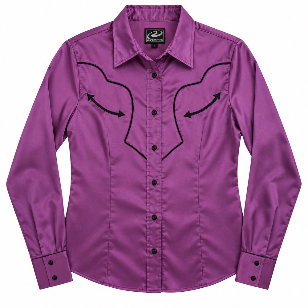 Roper Western Shirt Womens Medium Purple Satin Black Piping Cowgirl 350-592-661P